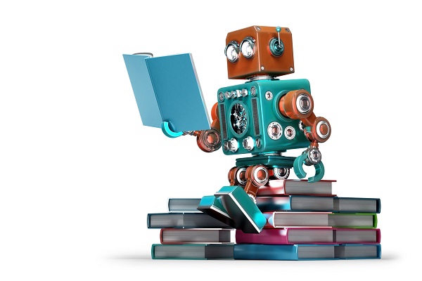 Retro robot reading a book. Isolated. Contains clipping path