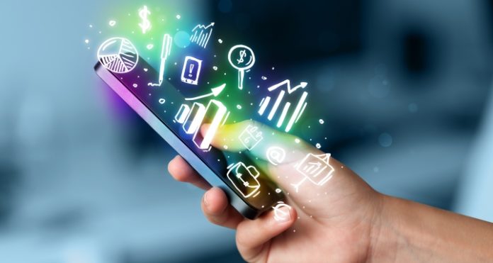 Smartphone with finance and market icons and symbols concept