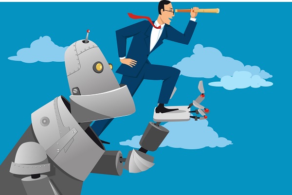 Giant robot holding a businessman with a telescope, helping him to look further ahead, EPS 8 vector illustration