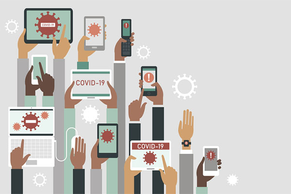 Panic of COVID-19 outbreak concept. Human hands holding various smart devices with coronavirus alerts on their screens. AI Community of Experts Making Contributions to Coronavirus Fight 1