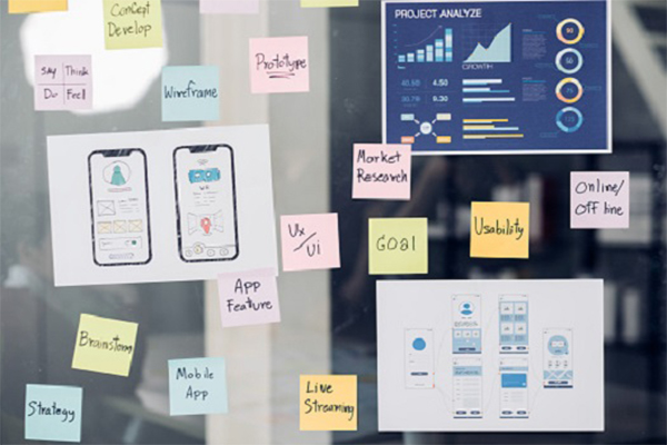 close up ux/ui prototype design and business strategy plan for develop mobile app on clear brainstorming white board in digital design agency company