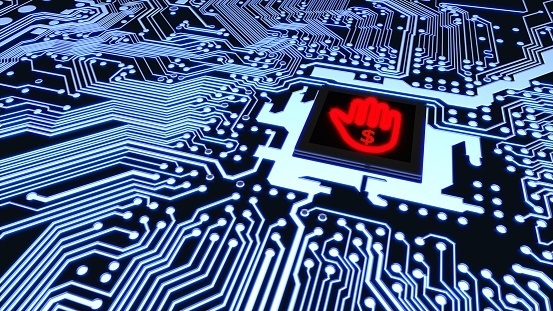 Ransomware circuit board with hand stop symbol cpu