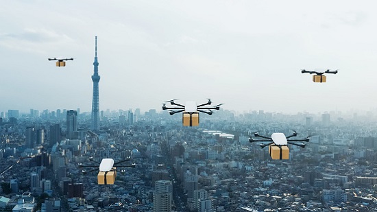 Drone delivery concept. Autonomous unmanned aerial vehicle used to transport packages. 3D rendering.